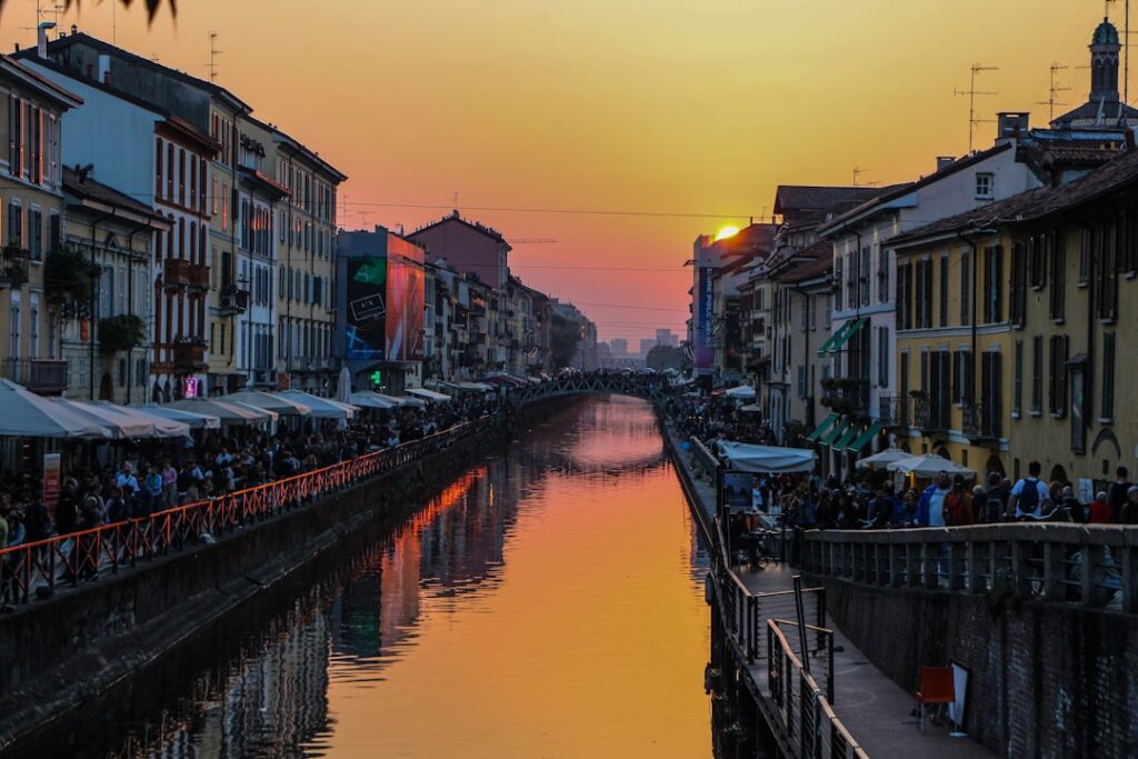 Canals of Navigli at sunset food stalls