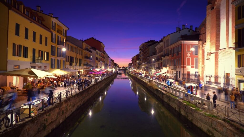 Navigli canal evening reflections lights