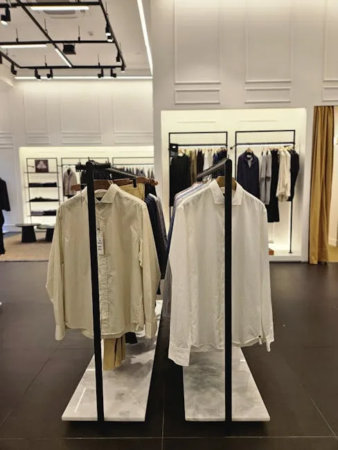 Intérieur épuré d'une boutique milanaise avec chemises sur portants