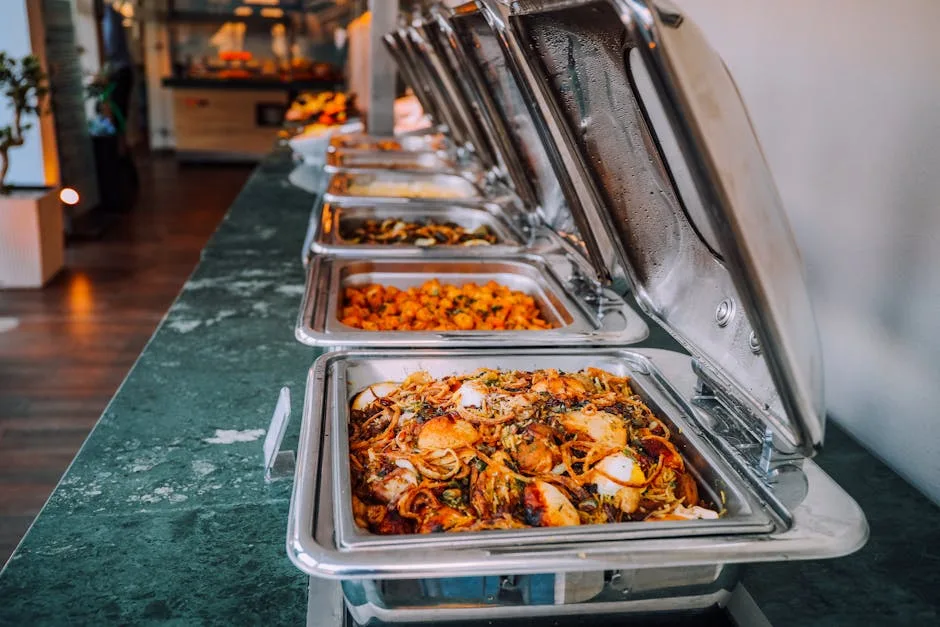 Rangée de bacs inox chauffants remplis de plats de pâtes