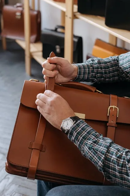 mains bouclant la sangle d'une serviette en cuir marron