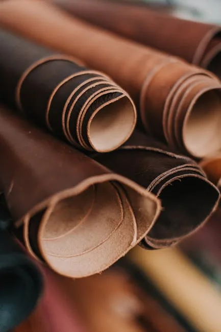 Rouleaux de cuir brun empilés dans un atelier de maroquinerie milanais
