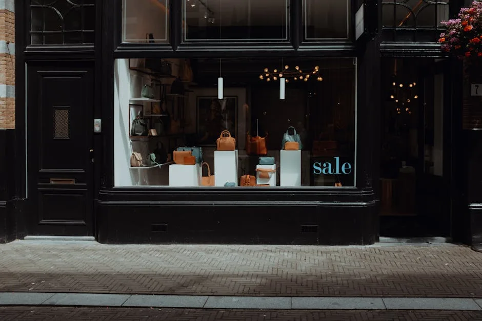 Vitrine de boutique montrant sacs à main et panneau « sale » rue milanaise