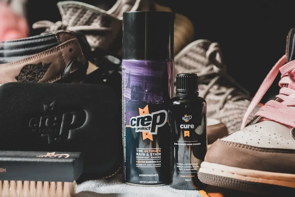 Produits Crep Protect posés devant des sneakers, brosse et flacon visibles