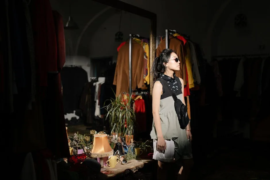 Cliente en lunettes explore une friperie milanaise éclairée par un spot