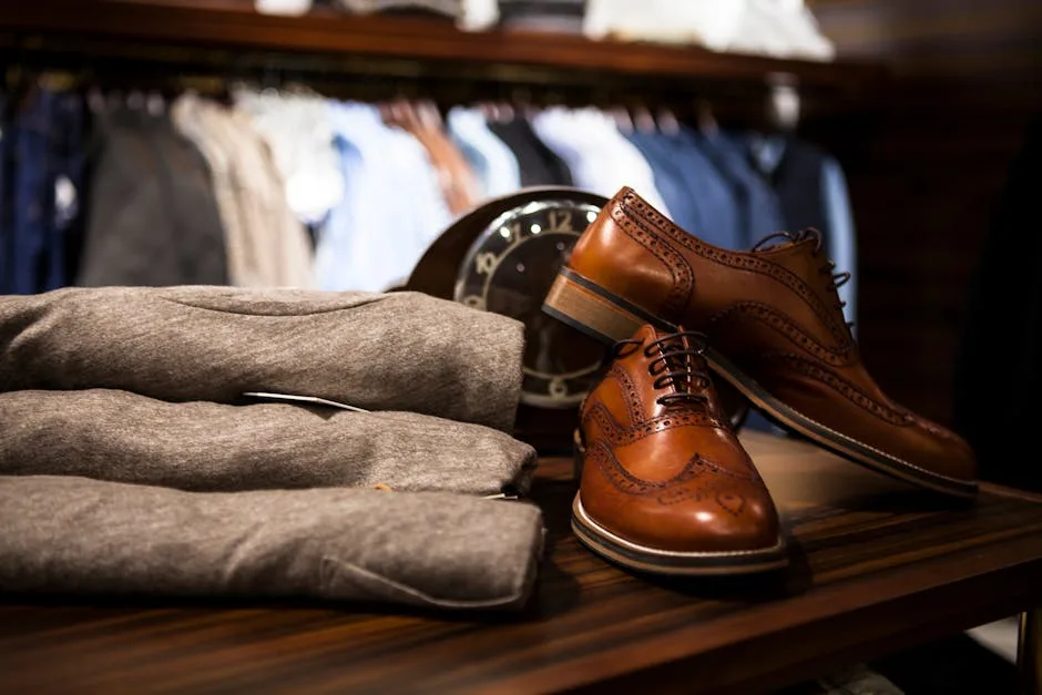 Présentoir de chaussures en cuir brun et vêtements pliés dans une boutique à Milan