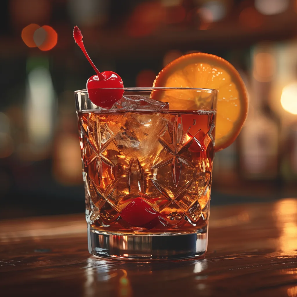Cocktail sombre avec cerise et tranche d'orange, verre ciselé.