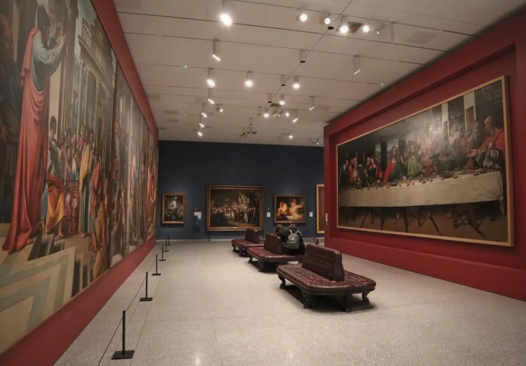 Salle de musée à Milan présentant de grands tableaux classiques et des bancs
