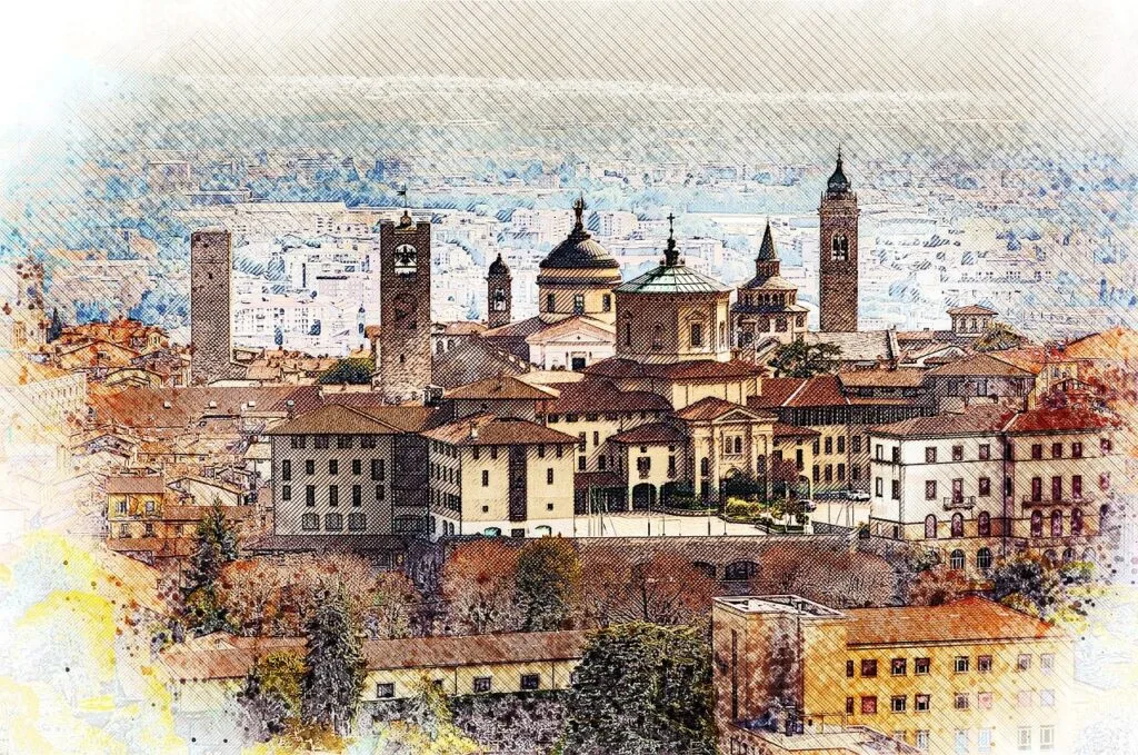 Vue stylisée de la Città Alta de Bergame avec ses tours anciennes