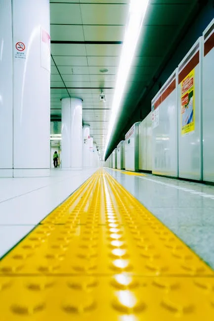 Bande podotactile jaune sur le sol d'un métro de Milan