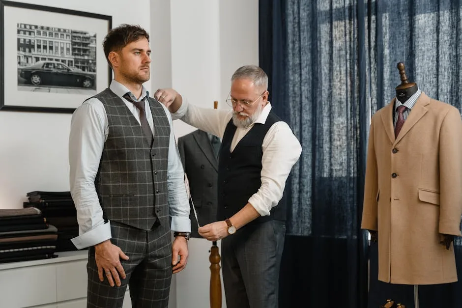 Un tailleur mesure un client en gilet à Milan